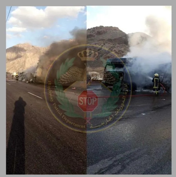 لحظات مرعبة على طريق العقبة الخلفي.. تصادم صهريج غاز وتريلا يؤدي الى حريق هائل واصابة شخص