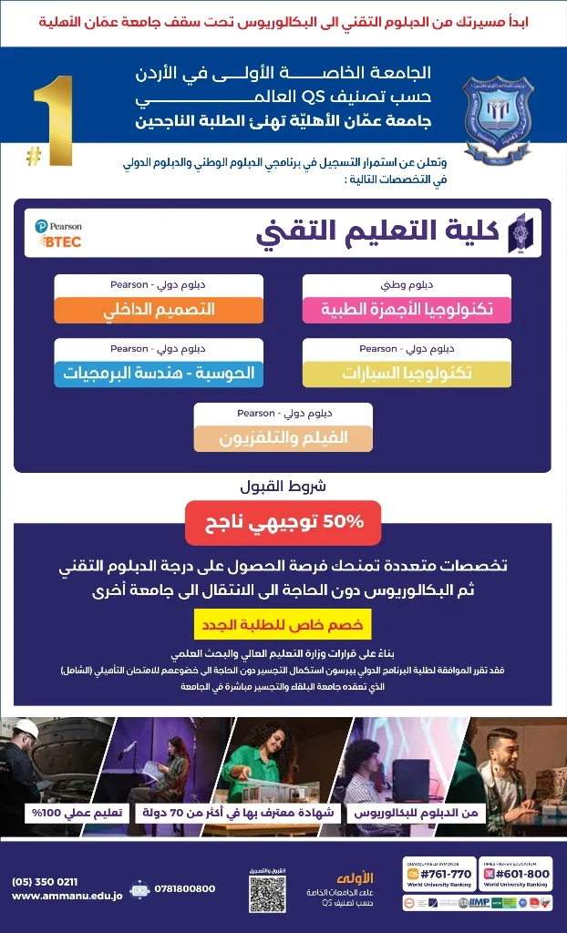 عمان الأهلية تعلن عن استمرار القبول والتسجيل بكلية التعليم التقني ببرنامجي الدبلوم الوطني والدبلوم الدولي 